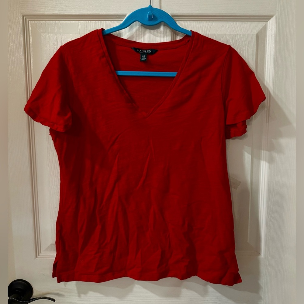 Ralph Lauren Red V-Neck Short Sleeve Tee with Fluttered Sleeves